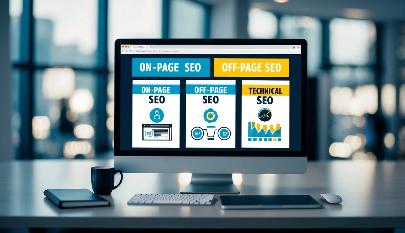 A computer screen split into three sections, each labeled "On-Page SEO," "Off-Page SEO," and "Technical SEO," with relevant icons and graphics displayed in each section