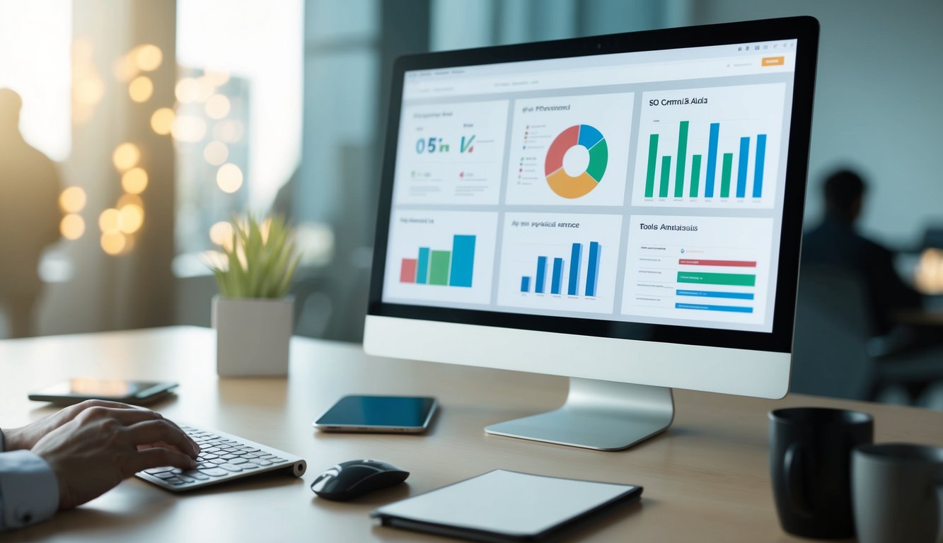 A computer screen displaying various technical SEO tools and data charts for website performance analysis