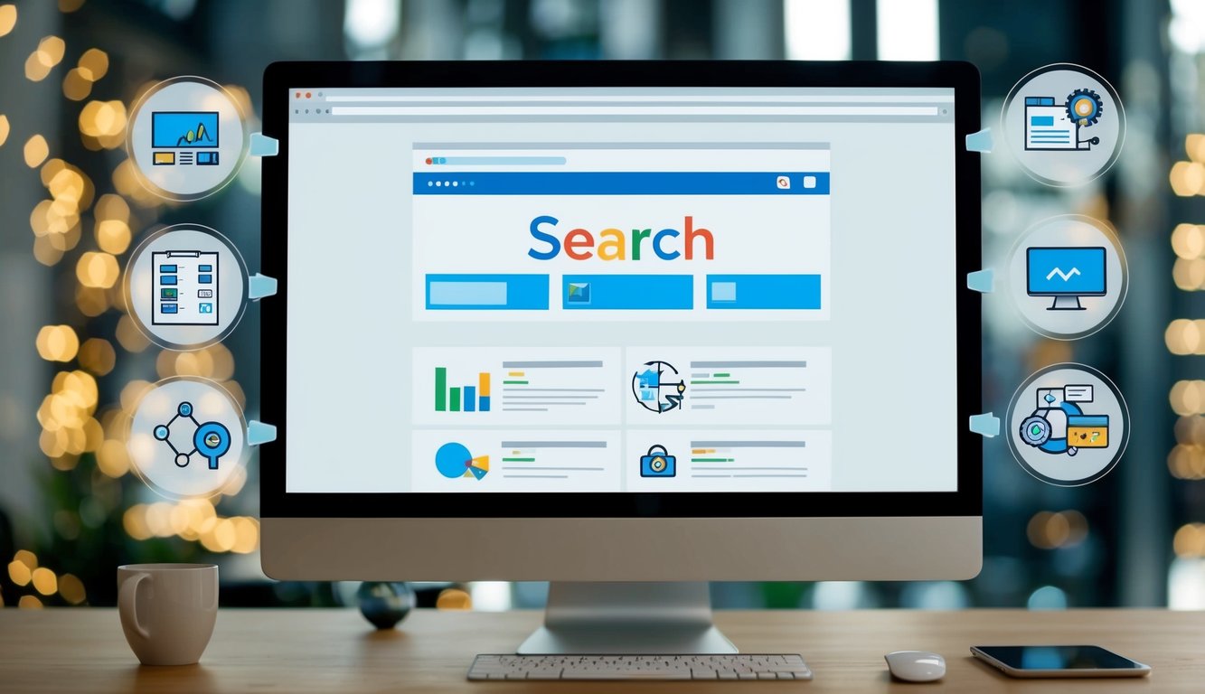 A computer screen with a website ranking high on a search engine results page, surrounded by various digital marketing tools and icons