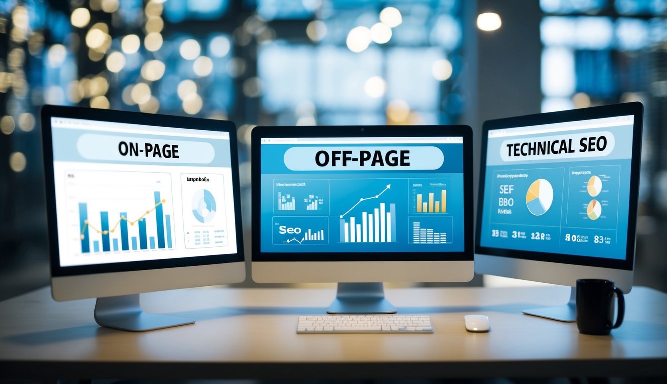 A computer screen split into three sections, each labeled On-Page, Off-Page, and Technical SEO, with various graphs, charts, and data displayed in each section