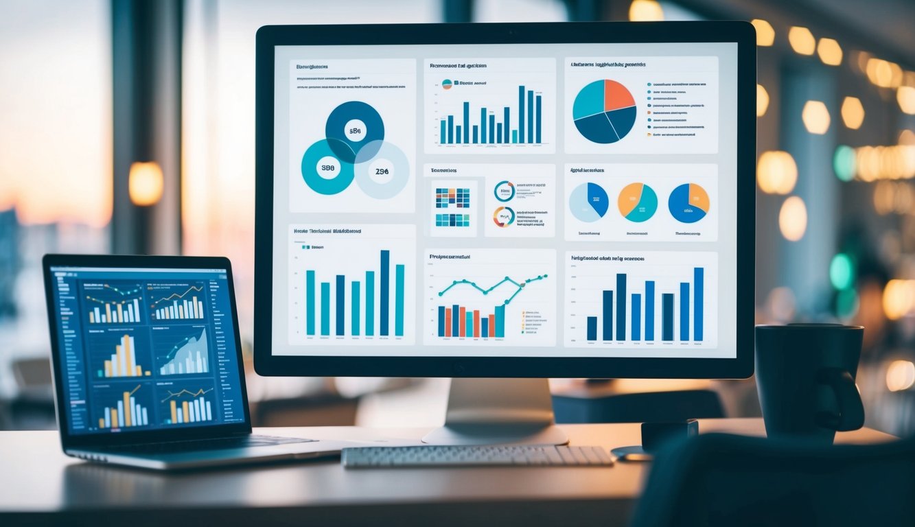 A computer screen displaying various technical SEO tools and data analytics charts