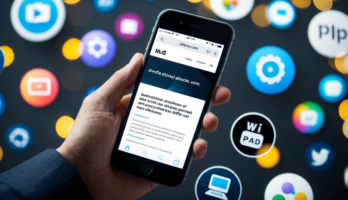 A smartphone with a website displayed perfectly on its screen, surrounded by various mobile devices and icons representing different digital platforms