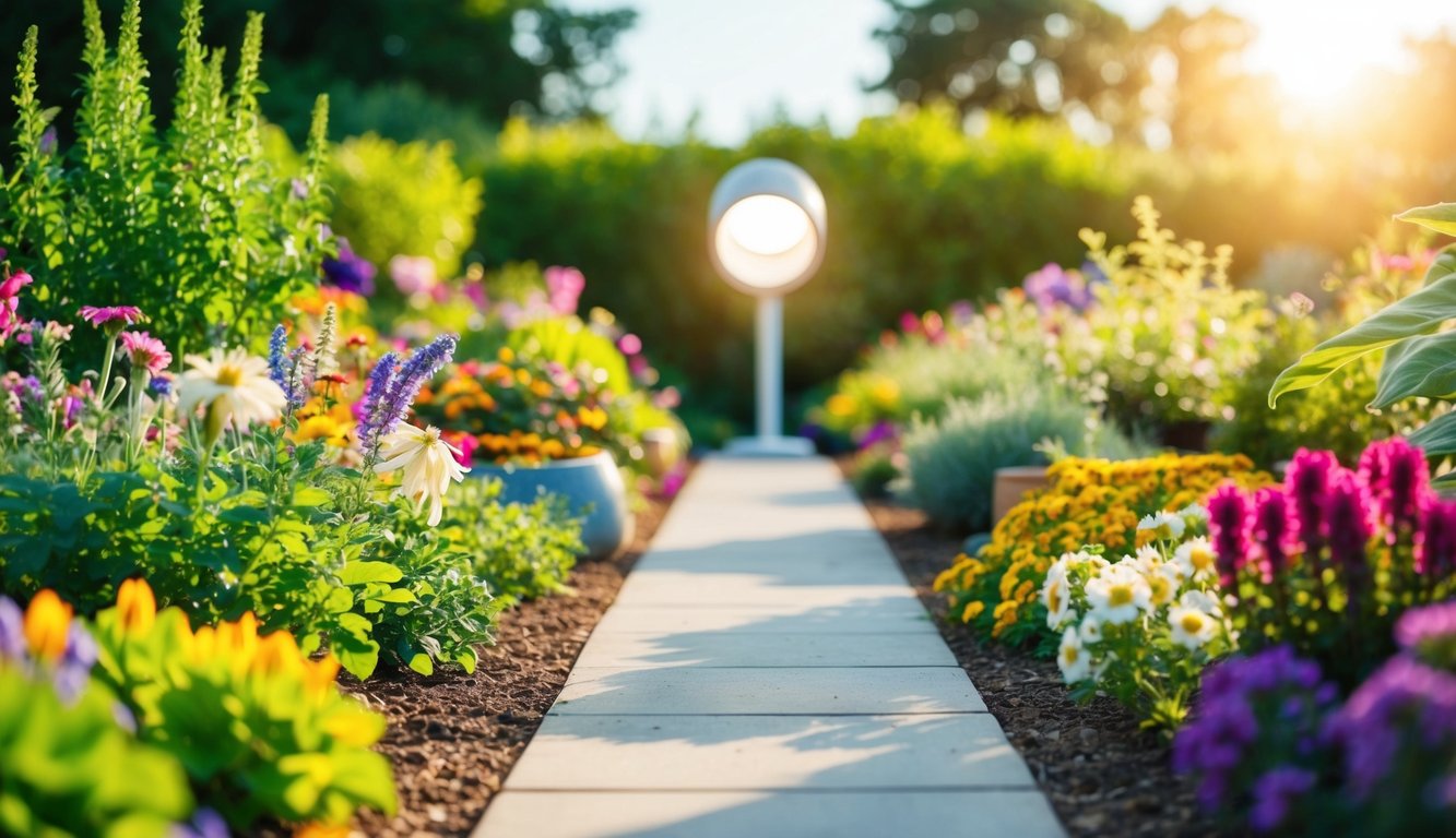 A vibrant garden with a variety of flowers and plants, with a clear path leading to a shining spotlight