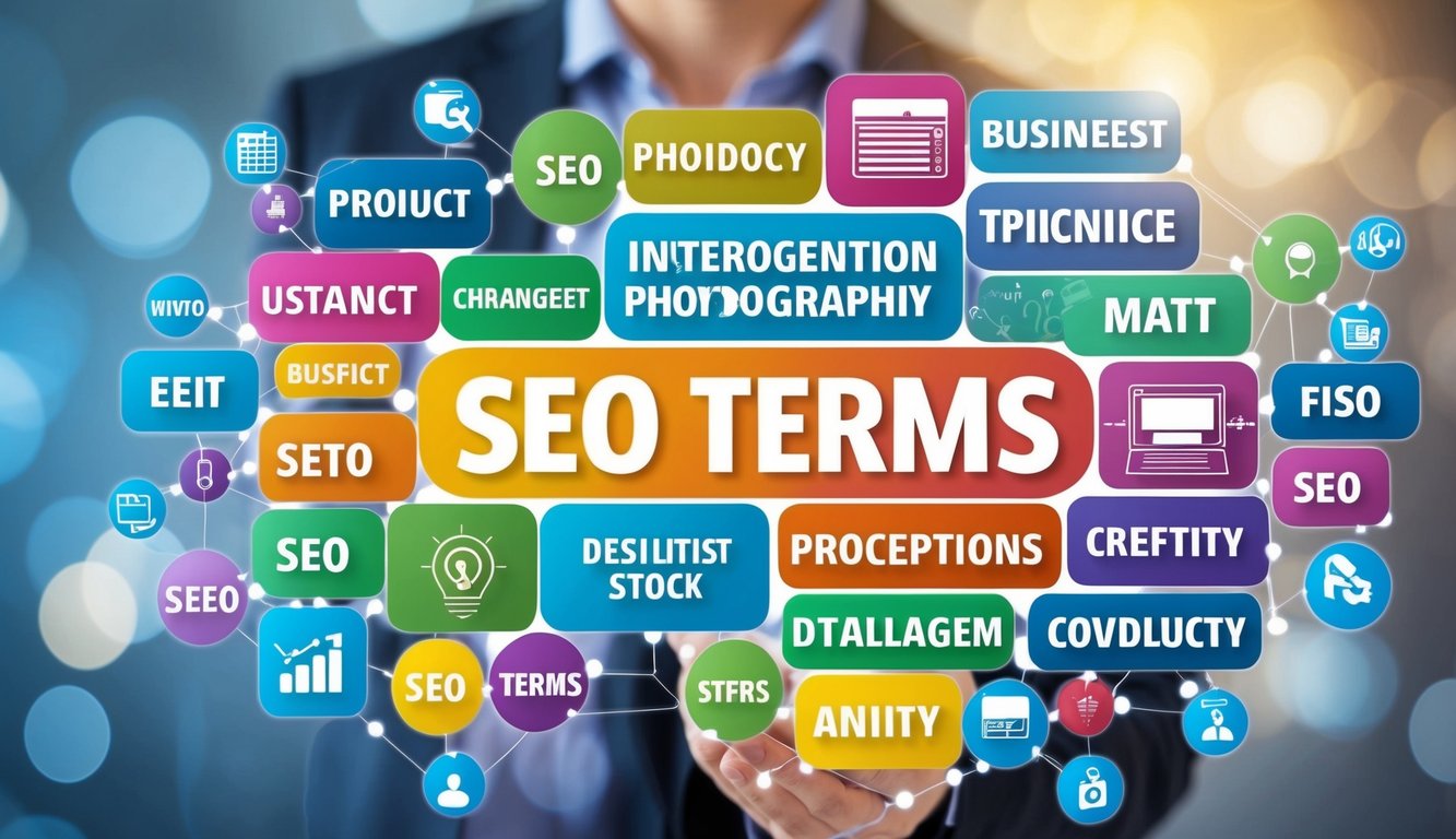 A colorful array of interconnected words and symbols, representing various SEO terms, arranged in a clear and organized manner for easy understanding
