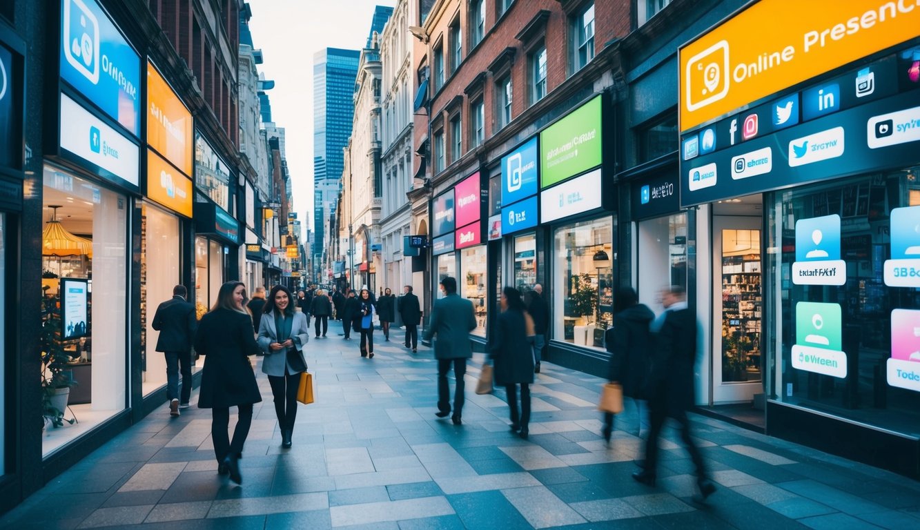 A bustling city street with small and large business storefronts, each with a prominent online presence displayed through vibrant websites and social media icons