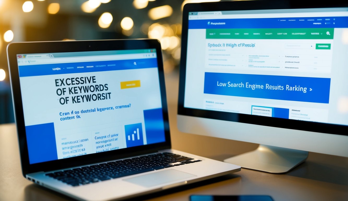 A computer screen showing a website with an excessive amount of keywords crammed into the content, while a search engine results page displays a low ranking for the site