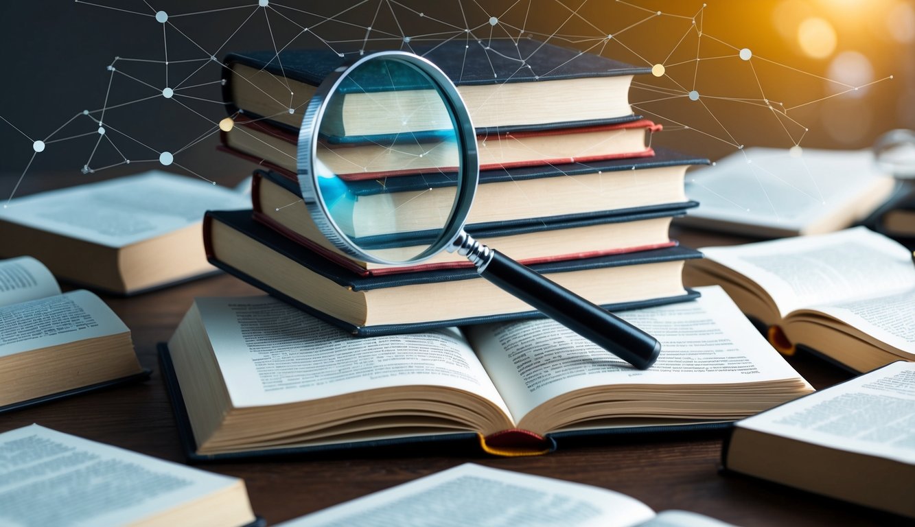 A stack of open books with SEO-related content, surrounded by a web of interconnected keywords and phrases, with a magnifying glass hovering over the center