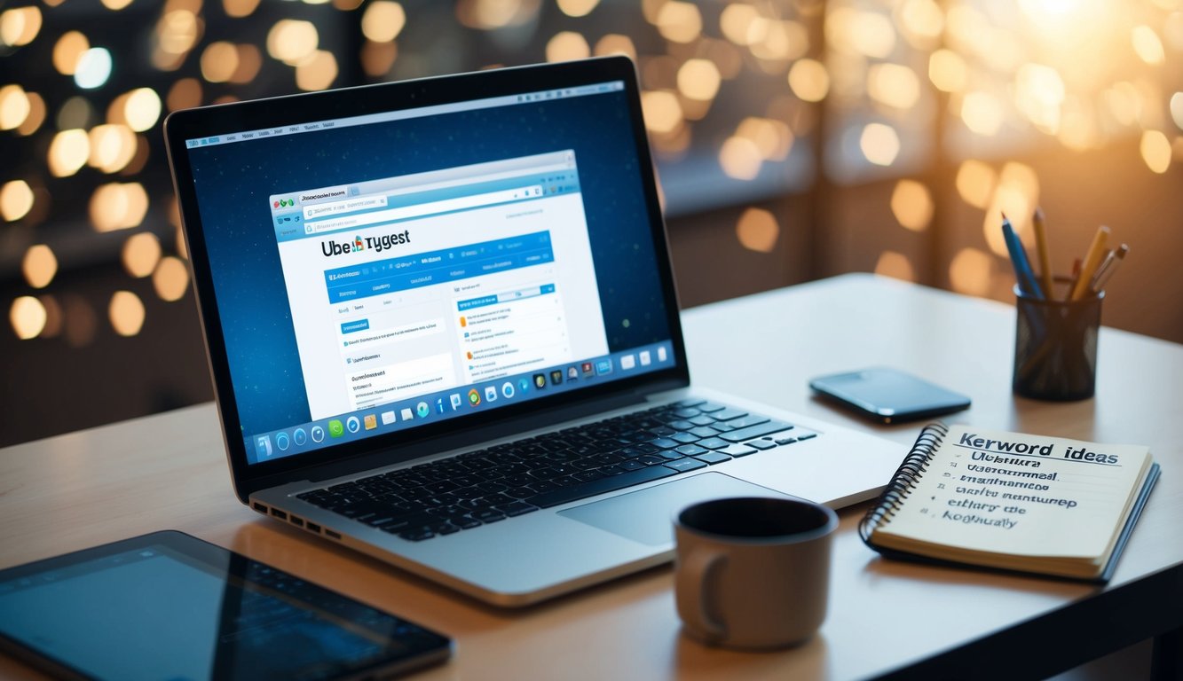 A laptop open on a desk, with a browser window showing Ubersuggest and a notepad with keyword ideas scattered around