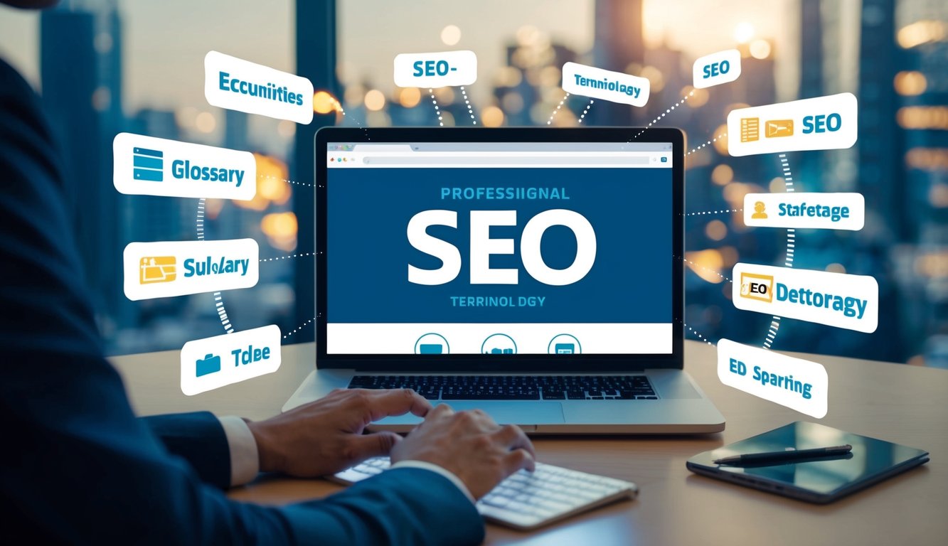 A person browsing a webpage with various SEO-related images and icons, surrounded by a glossary of key SEO terminology