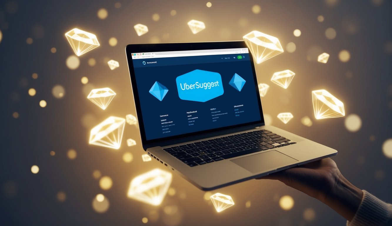 A laptop displaying Ubersuggest's interface, surrounded by glowing keyword "gems" floating in the air