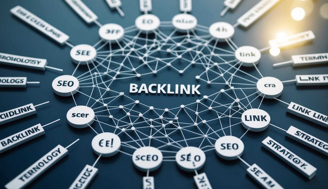 A web of interconnected nodes representing various backlink terms and link building strategies, surrounded by key SEO terminology
