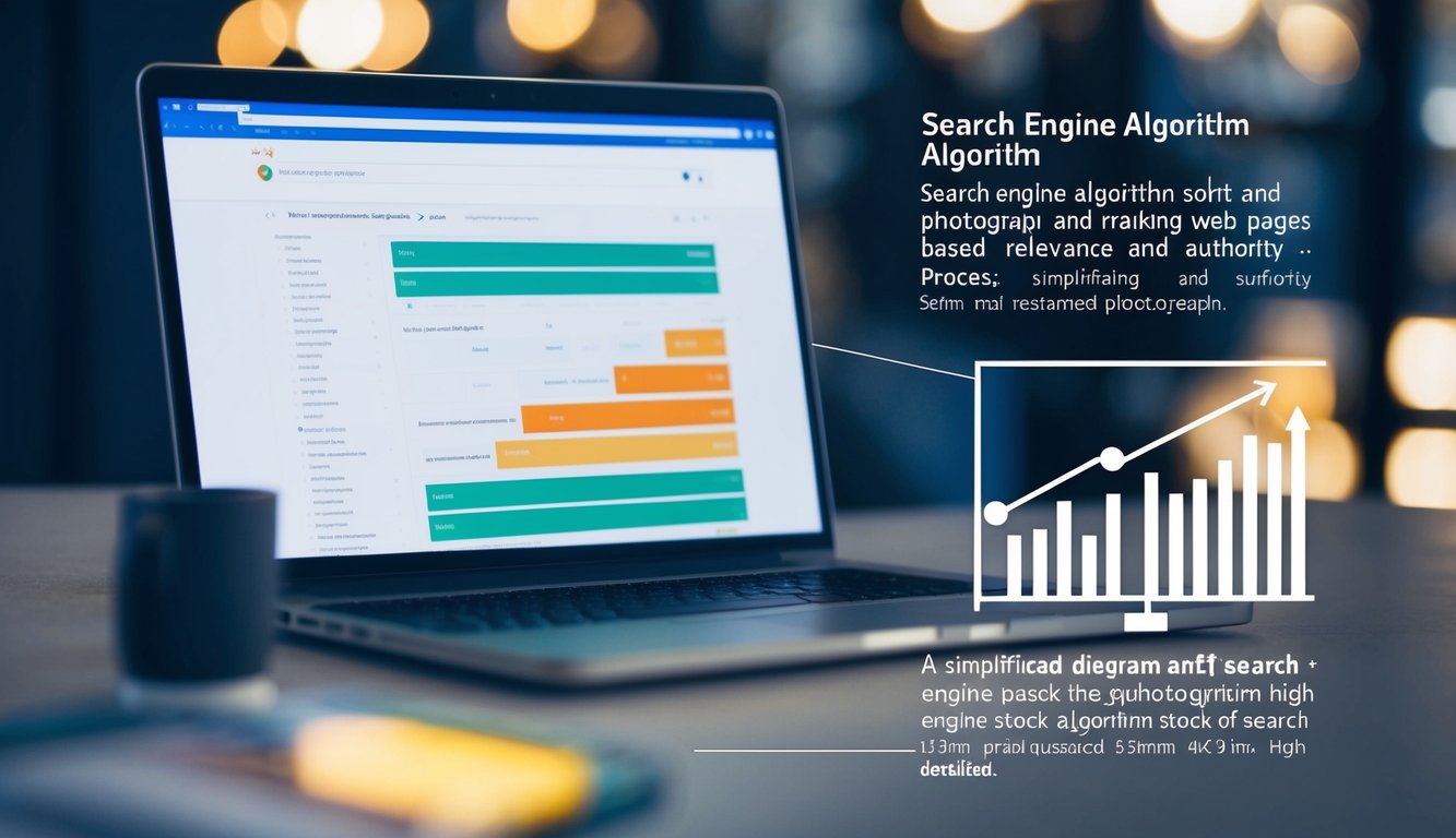 A search engine algorithm sorting and ranking web pages based on relevance and authority, with a simplified diagram explaining the process