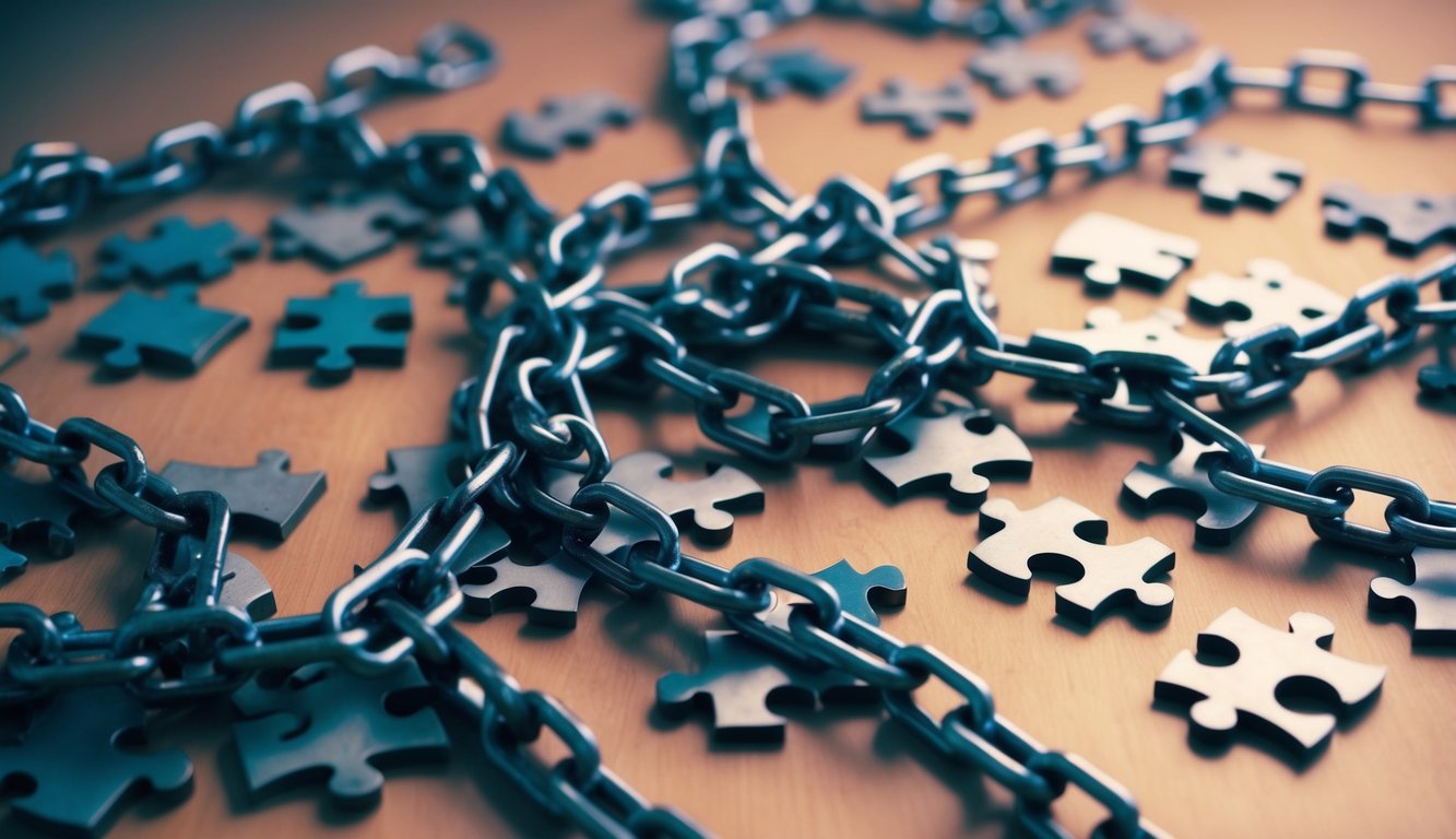 A tangled web of broken chains and scattered puzzle pieces, symbolizing the confusion and disorganization of common SEO mistakes