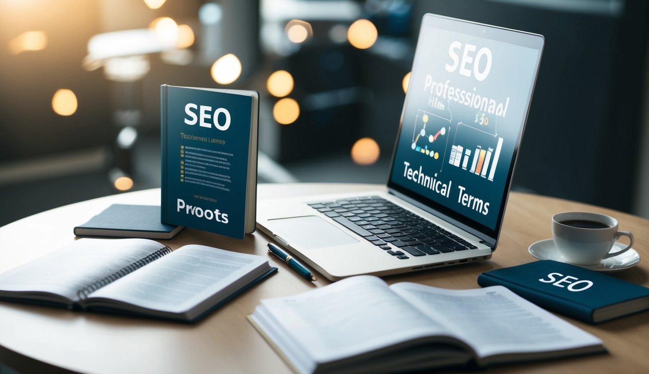 A table with a laptop, notebook, and pen, surrounded by open books on SEO and technical terms