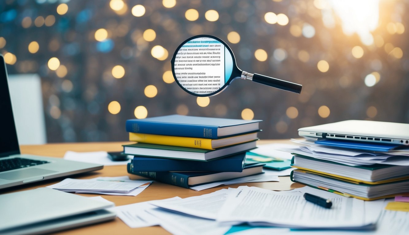 A cluttered desk with scattered papers, a laptop, and a stack of SEO books. A magnifying glass hovers over a highlighted page
