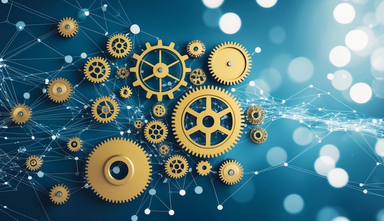 A complex network of interconnected gears and cogs, with data flowing through them, representing the intricate algorithms behind search engine indexing