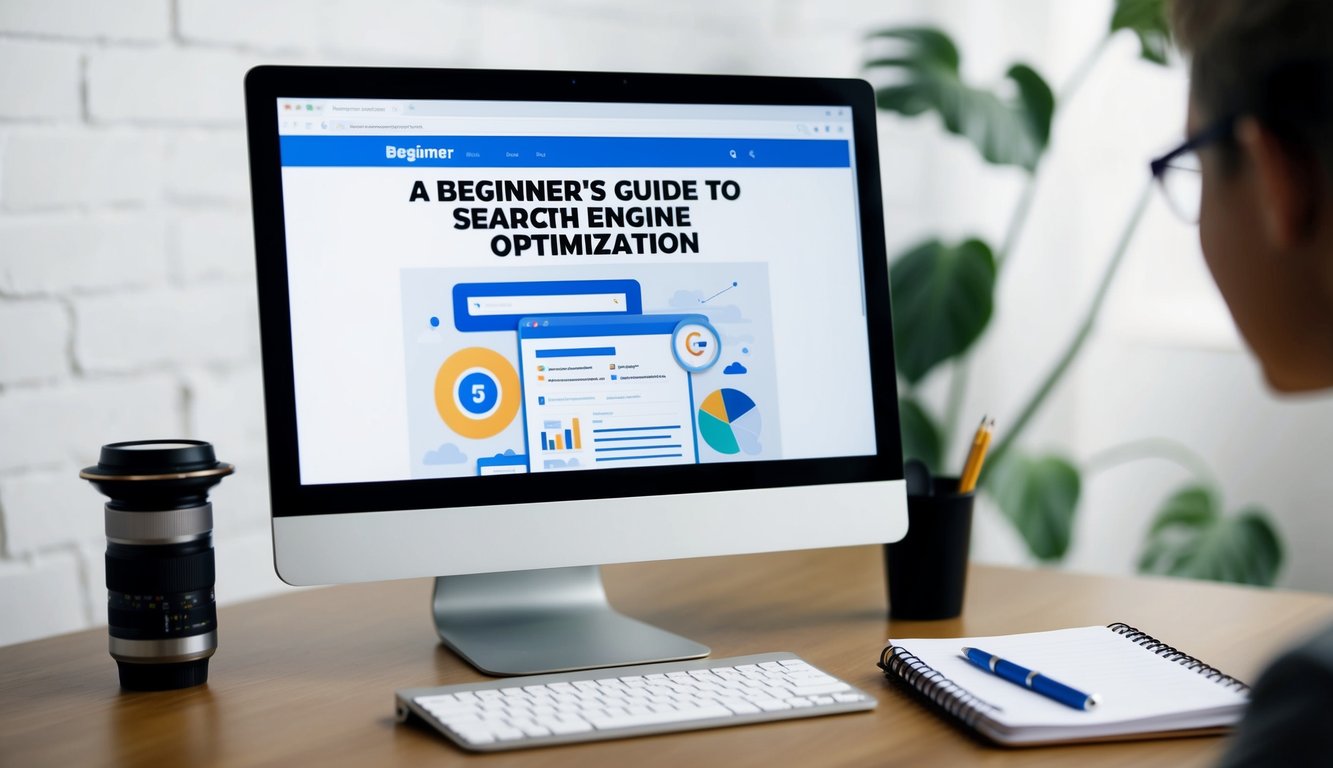 A computer screen with a webpage open, showing a beginner's guide to search engine optimization. A notebook with SEO notes and a pen sit nearby