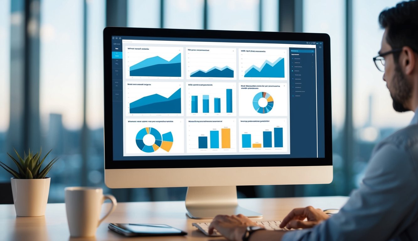 A computer screen displaying various charts and graphs related to website traffic and keyword performance, with a person analyzing the data