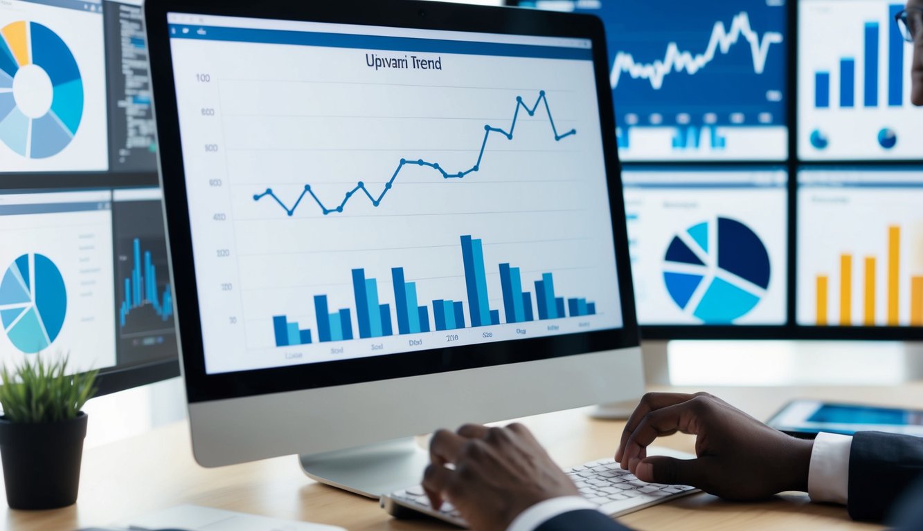 A computer screen displaying a line graph with upward trend, surrounded by various charts and data visualizations