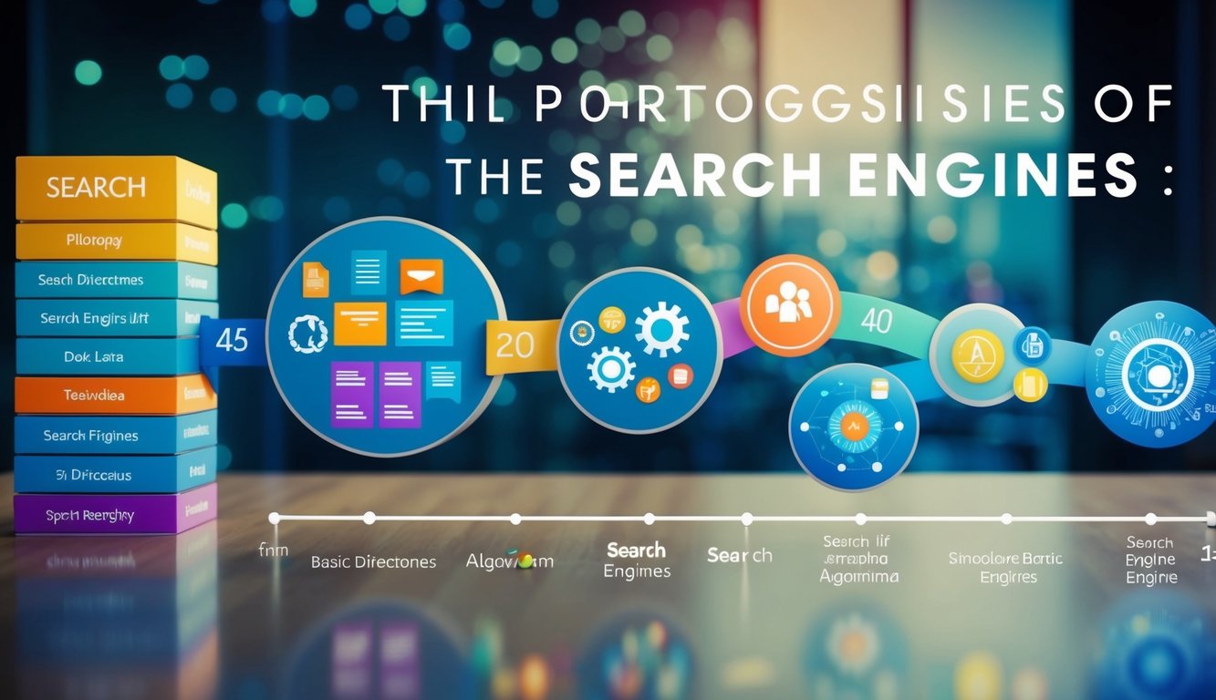A colorful timeline showing the progression of search engines, from basic directories to intricate algorithms, with various symbols and visual representations of data and technology