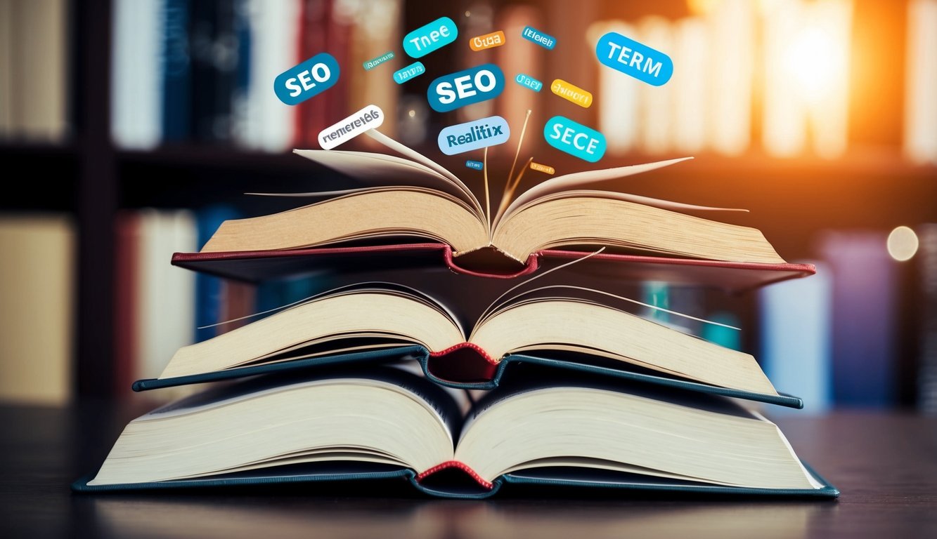 A stack of open books with SEO-related terms floating above them