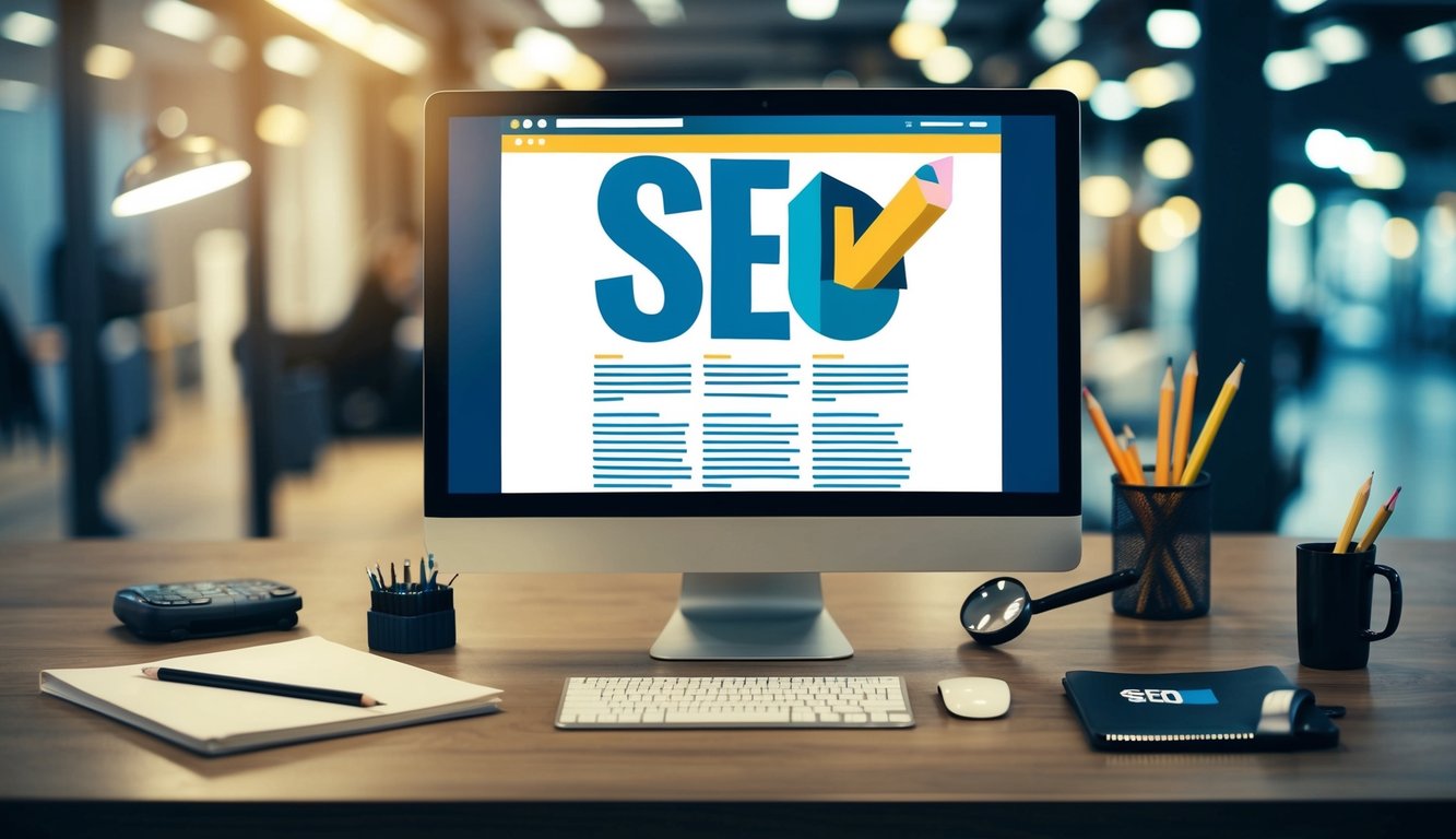 A computer screen with an SEO article, surrounded by various tools and techniques like a magnifying glass, a pencil, and a keyword research tool