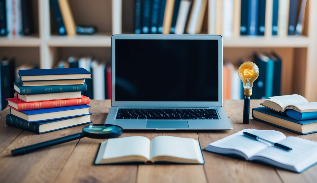 A laptop surrounded by books on SEO, with a magnifying glass and a light bulb symbolizing research and insight