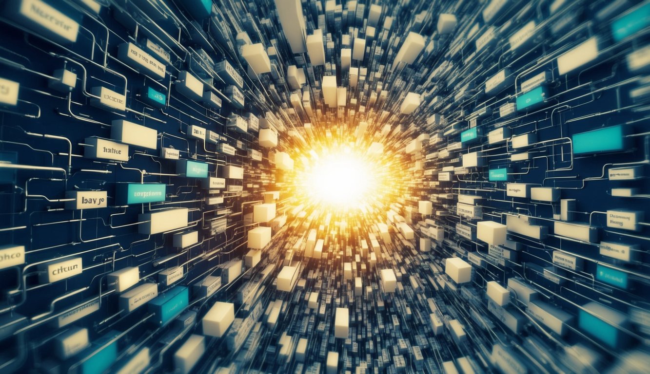 A cluttered web of tangled keywords, broken links, and irrelevant content, overshadowed by a shining beacon of well-organized, user-friendly website structure