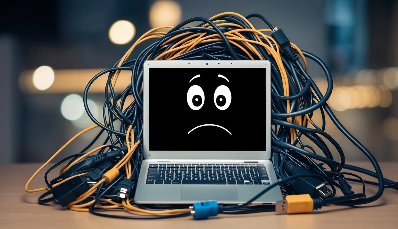 A laptop surrounded by tangled, overlapping wires and cables, with a confused expression on a cartoon face