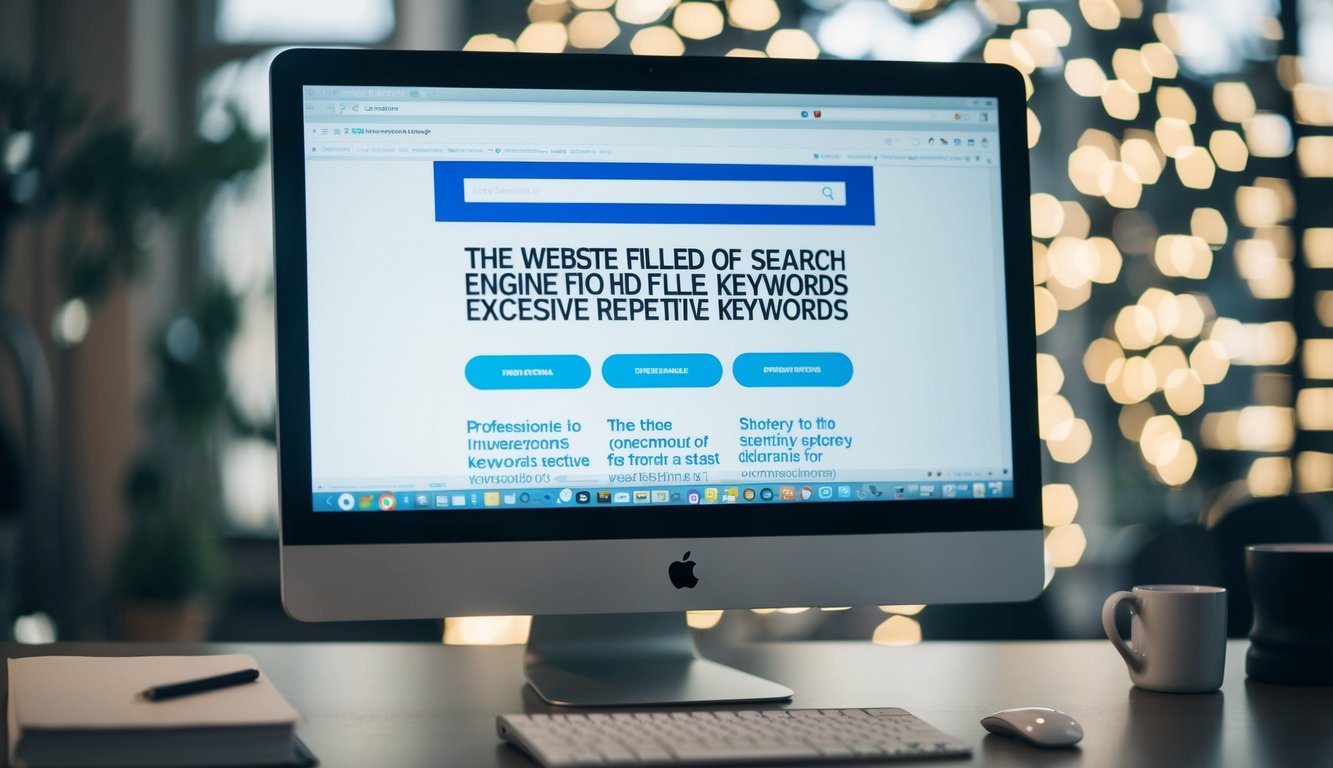 A computer screen with a website filled with excessive repetitive keywords, while a search engine displays low rankings for the site