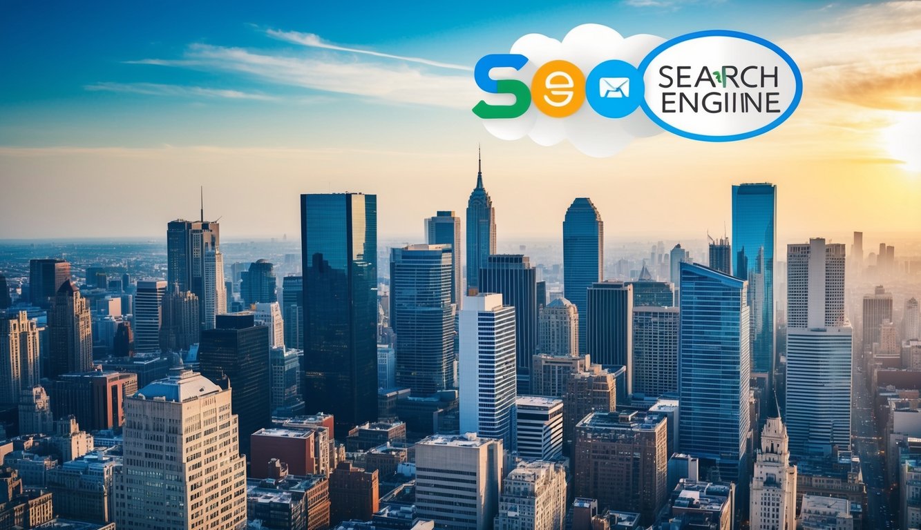 A bustling city skyline with various businesses, each with a prominent online presence, and a search engine logo hovering above symbolizing the importance of SEO for businesses