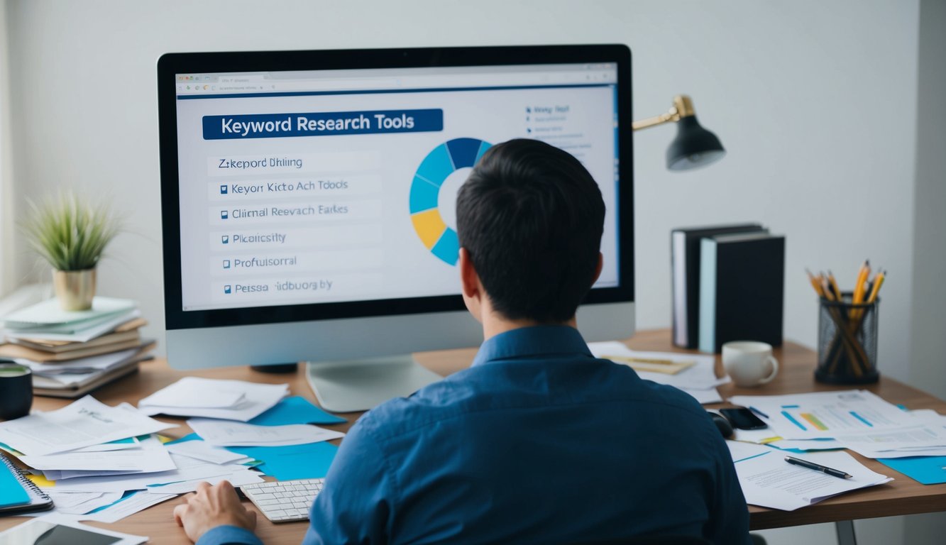 A person overlooking a cluttered desk with scattered papers and a computer screen displaying keyword research tools