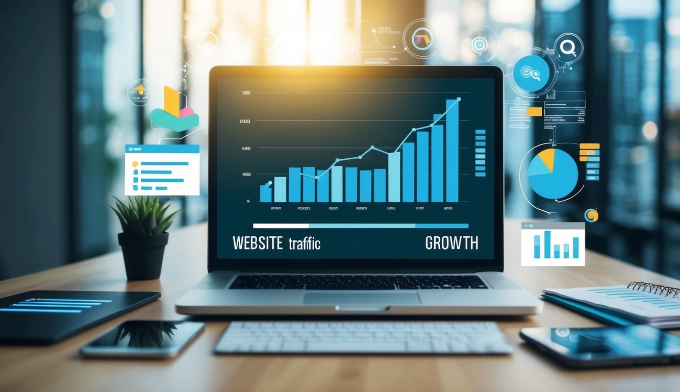 A laptop displaying a graph of website traffic growth, surrounded by keyword research tools and analytics data