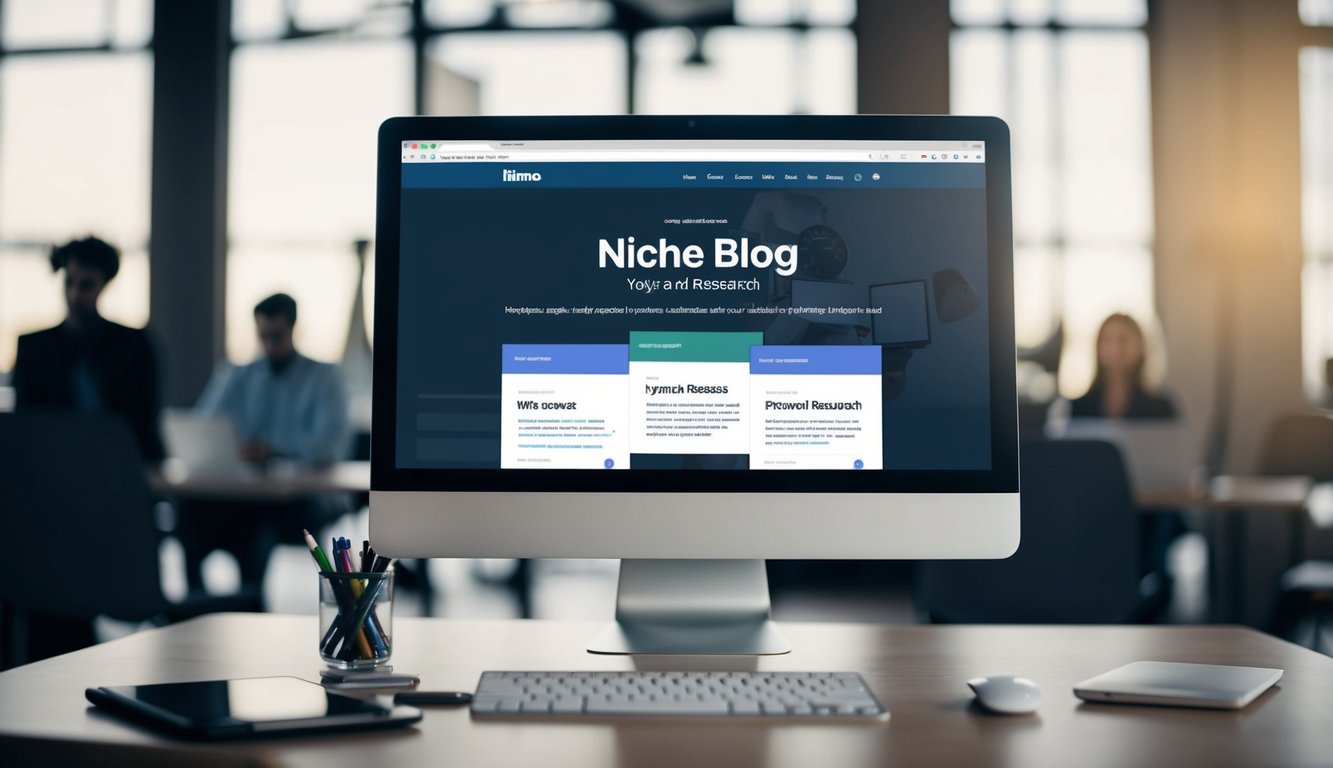 A computer screen displaying a niche blog's homepage with high-quality content and a growing audience. Keyword research tools are visible in the background