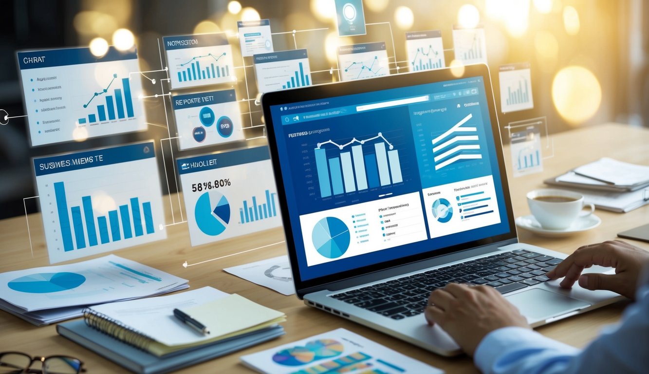 A laptop surrounded by various charts, graphs, and keyword lists, with a business website displayed on the screen showing increased traffic and engagement