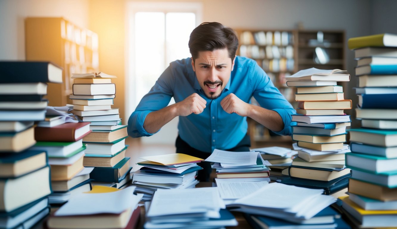 A person surrounded by piles of books and papers, with a frustrated expression while trying to sort through high-volume keywords