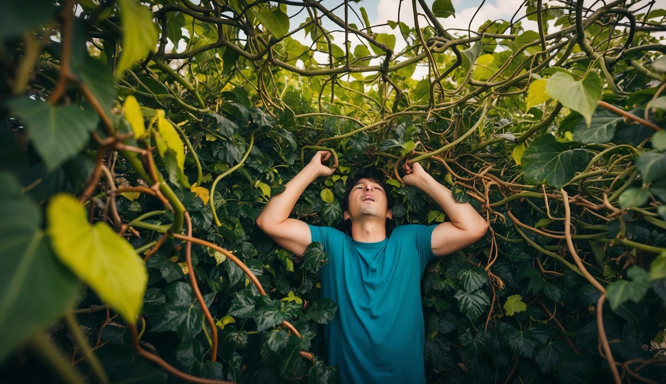 A person surrounded by tangled keyword vines, struggling to break free