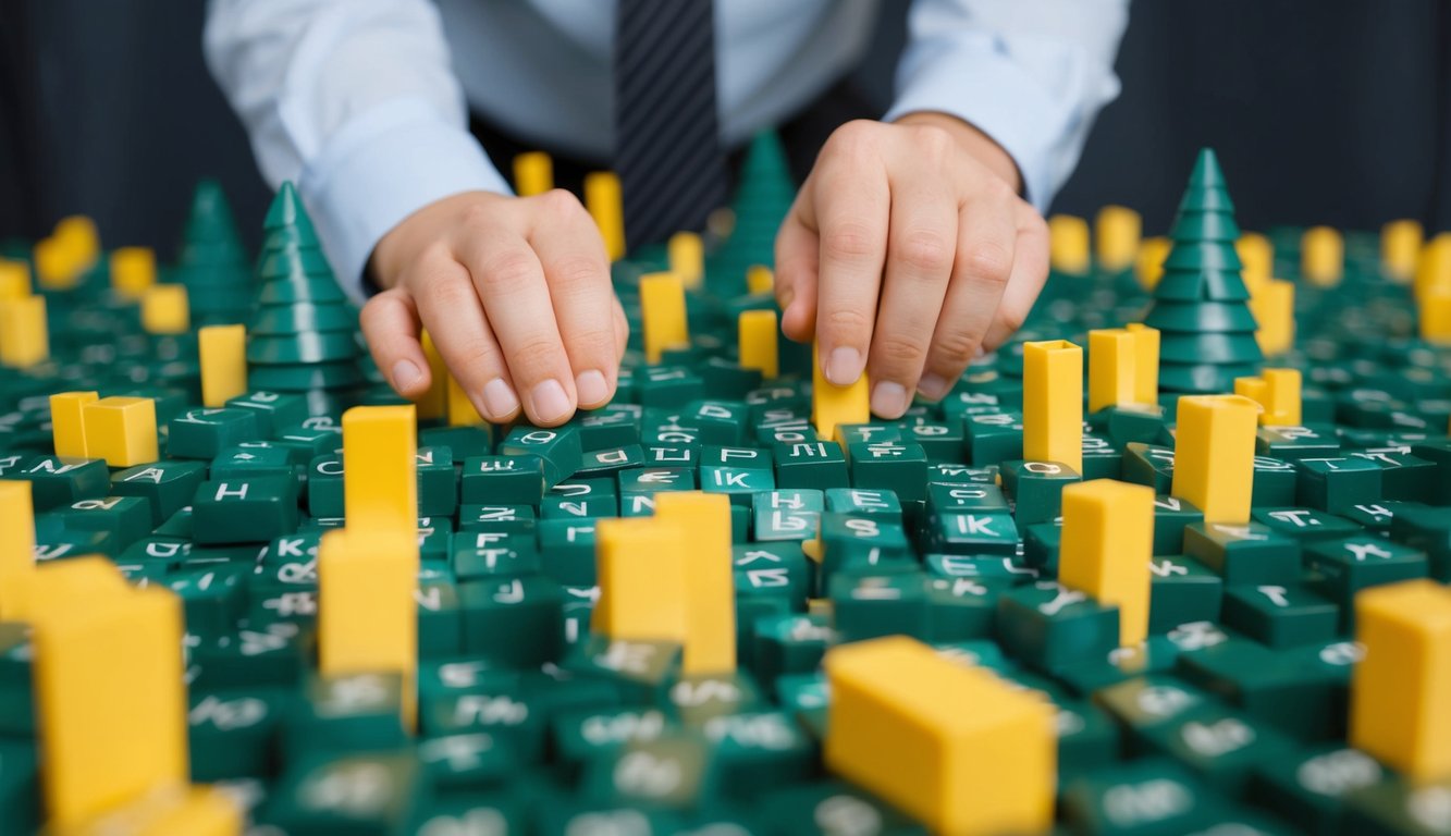 A person carefully navigating through a minefield of keywords, avoiding pitfalls and traps