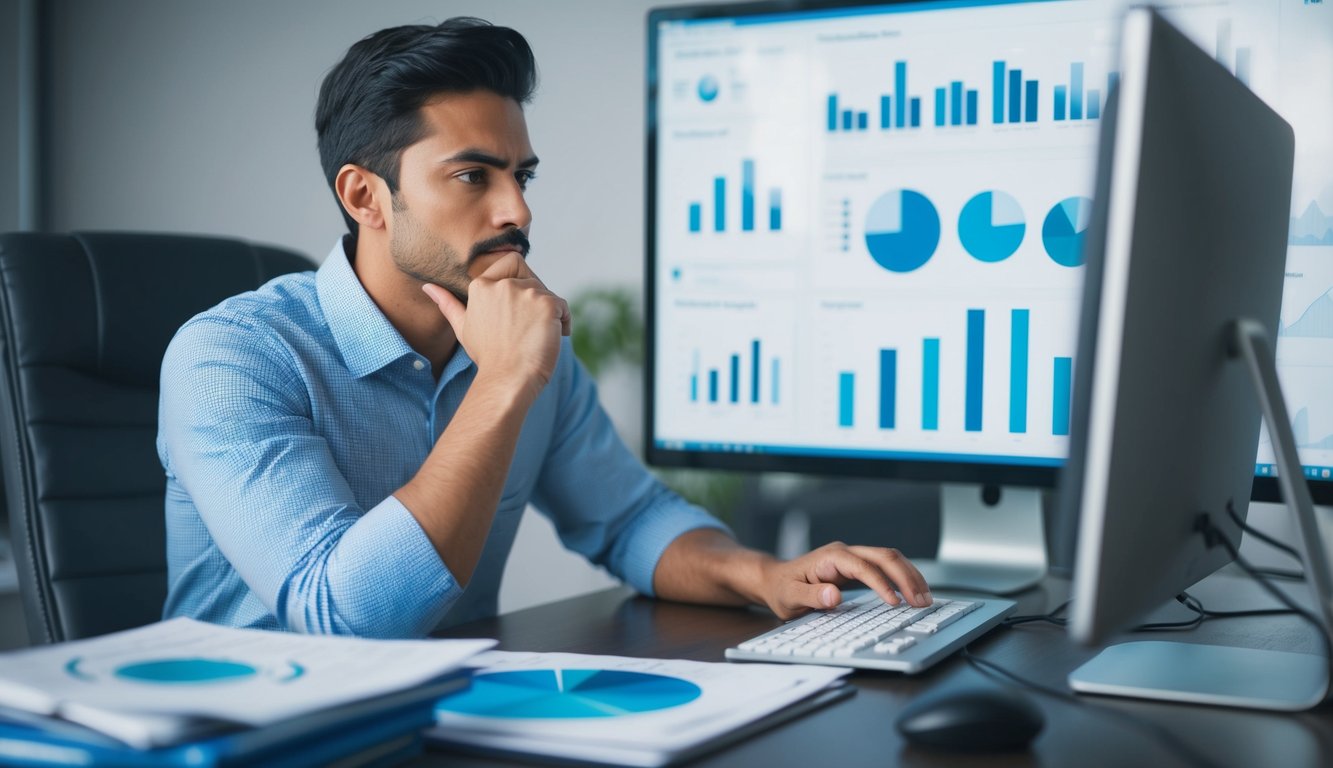 A person researching keywords at a desk with a computer, surrounded by charts and graphs, deep in thought