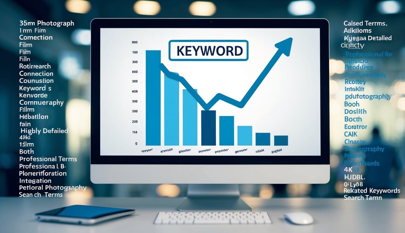 A computer screen displaying a graph with a long tail extending from a keyword, surrounded by various related keywords and search terms