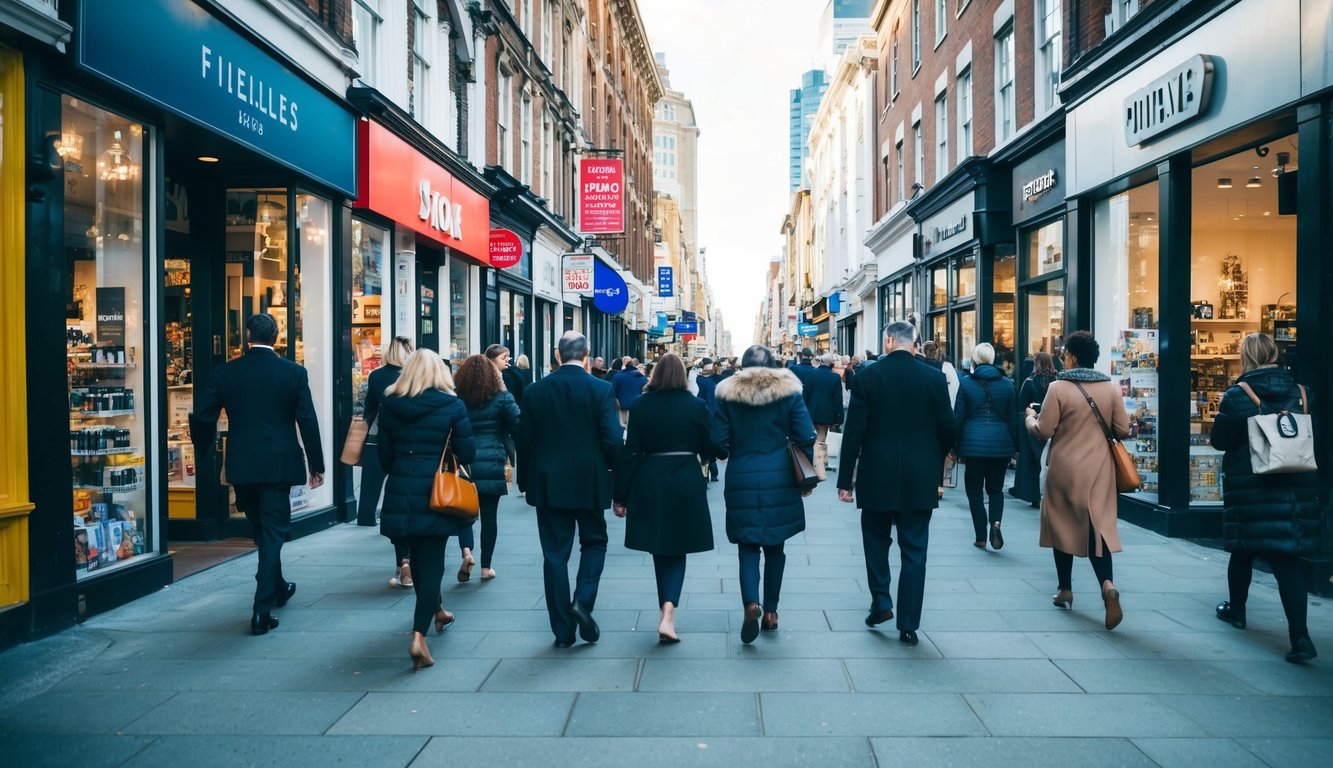 A bustling city street with a mix of small, niche businesses and larger, well-known stores. Pedestrians are seen entering and exiting various shops, with some businesses displaying signs promoting unique, specific products or services