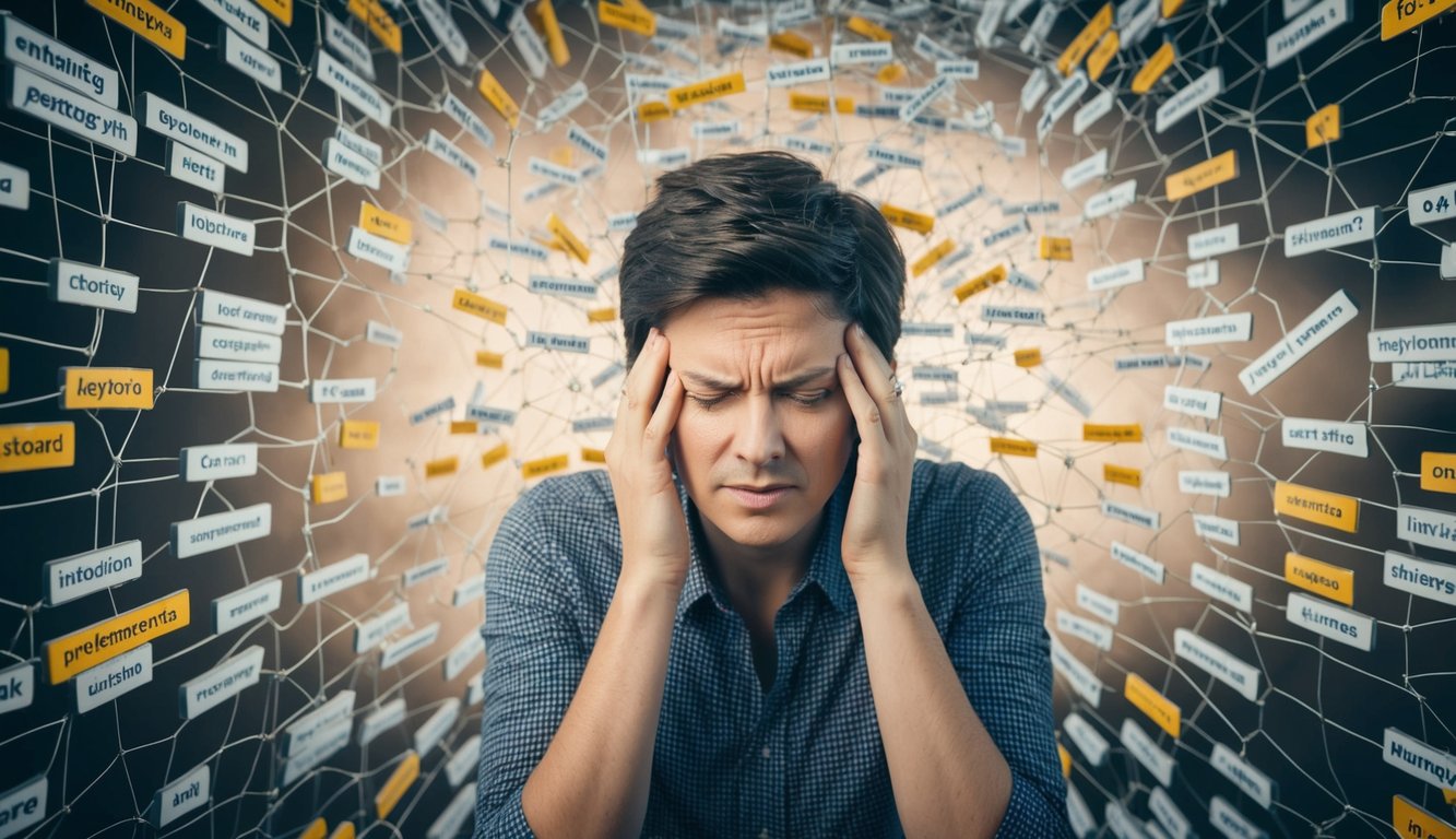 A person surrounded by tangled web of keywords, looking frustrated