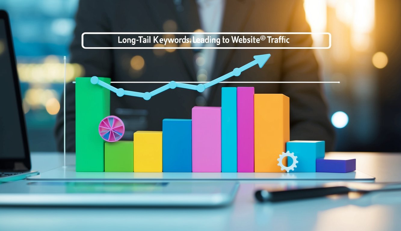 A colorful graph showing a surge in website traffic, with long-tail keywords prominently displayed and leading to a successful business