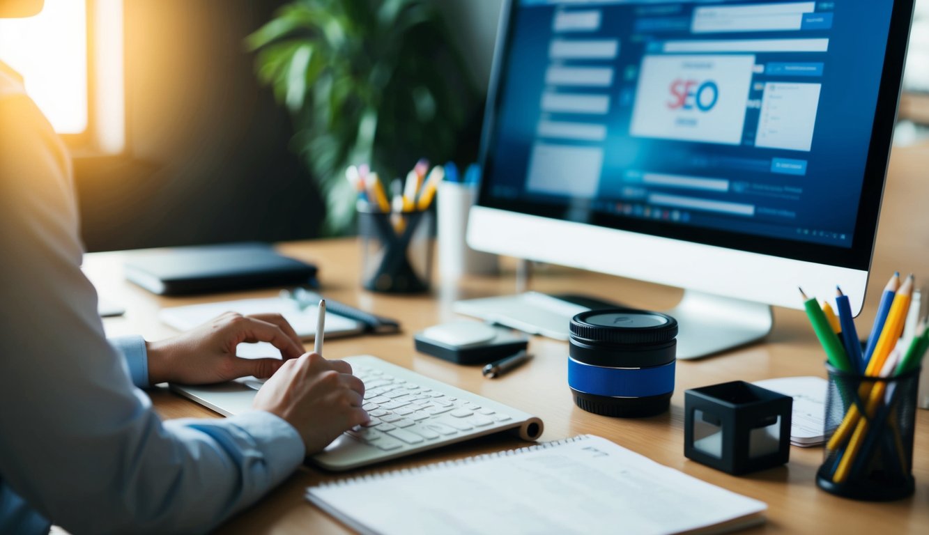 A desk with a computer, notebook, and various SEO tools scattered around. A person researching and writing with focus