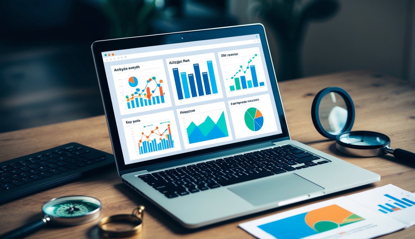 An open laptop displaying various analytics graphs and charts, surrounded by SEO-related objects such as keywords, a magnifying glass, and a compass
