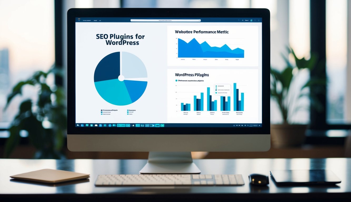 A computer screen split into two sections, one displaying various SEO plugins for WordPress and the other showing a website's performance metrics