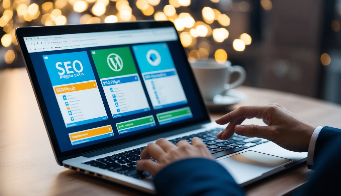 A laptop with multiple open tabs showing different SEO plugin options for WordPress. A hand hovering over the keyboard, ready to make a selection