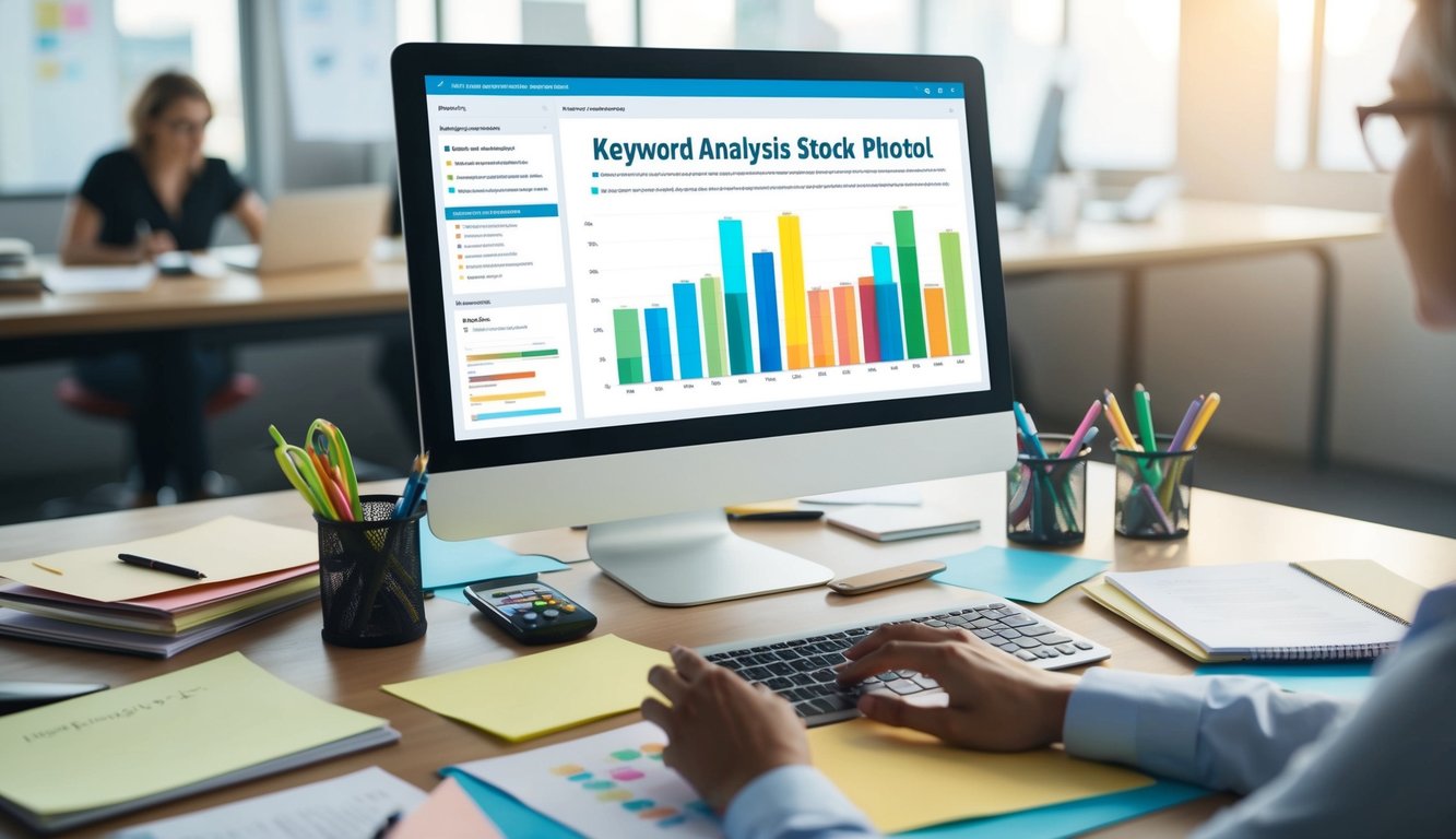A computer screen displaying a keyword analysis tool with colorful graphs and charts, surrounded by notes and brainstorming materials