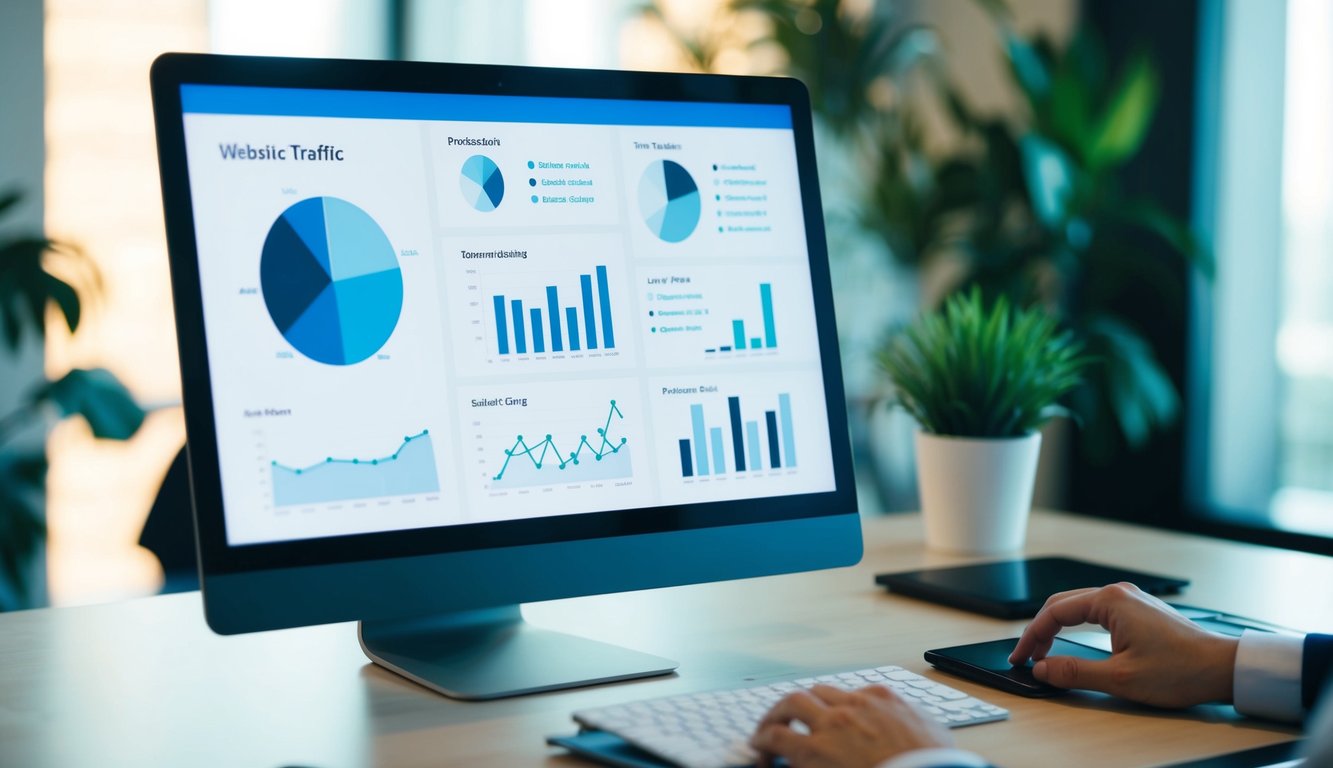 A computer screen displaying various data charts and graphs related to website traffic and search engine optimization metrics