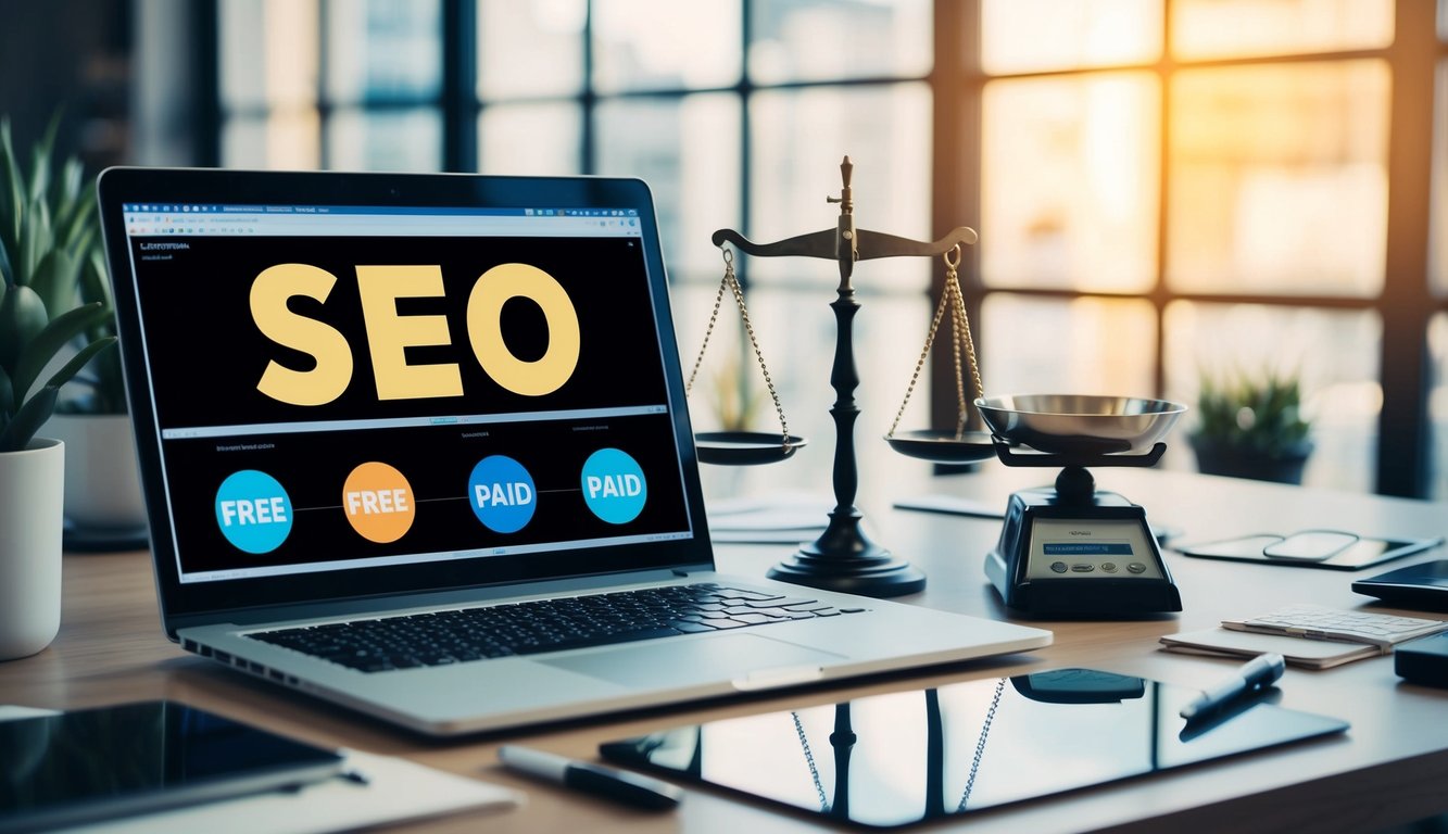 A cluttered desk with a laptop showing various SEO tools. A scale with "Free" on one side and "Paid" on the other